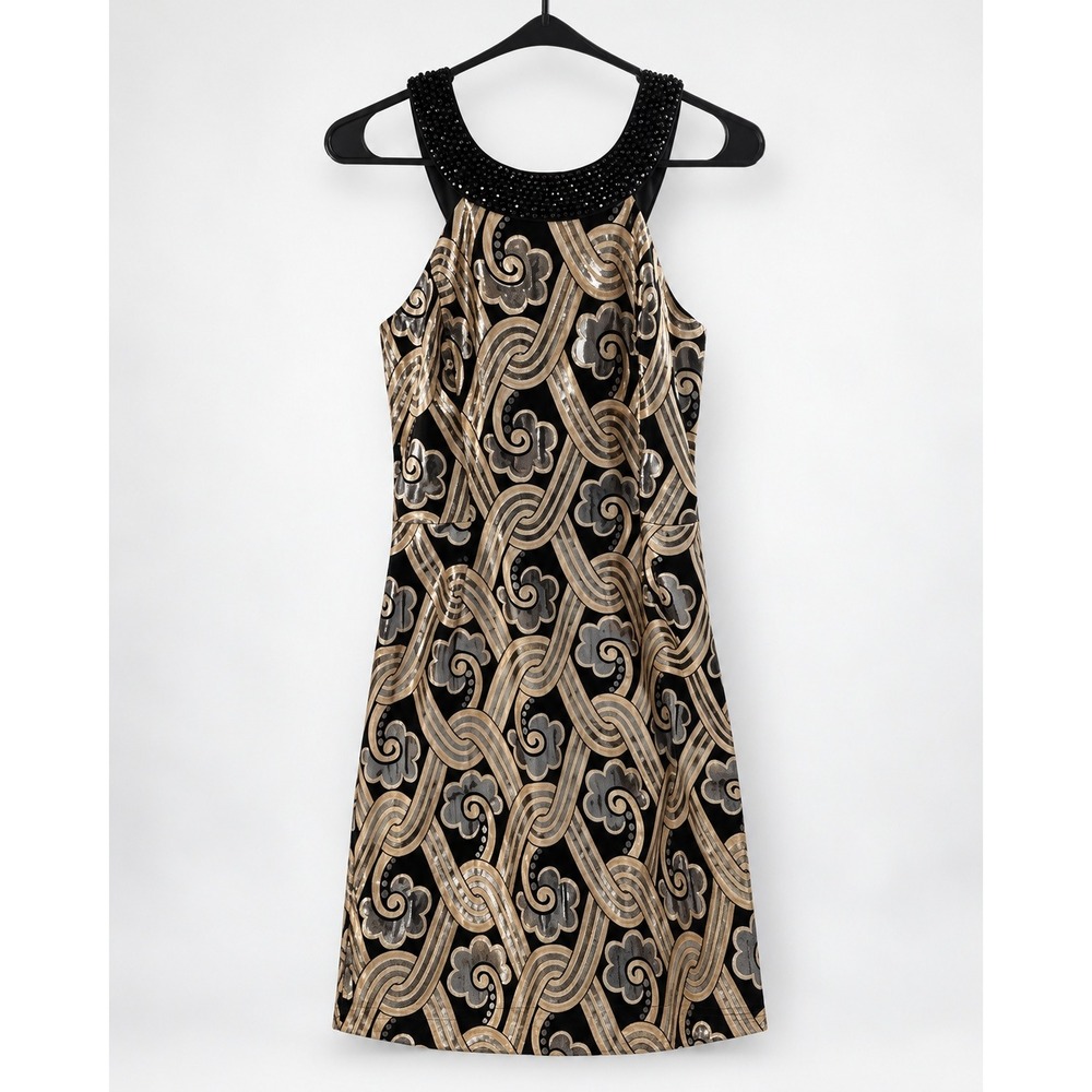 Lilly Pulitzer Metallic Brocade Beaded Shift Dress Black Gold Silver Size 4